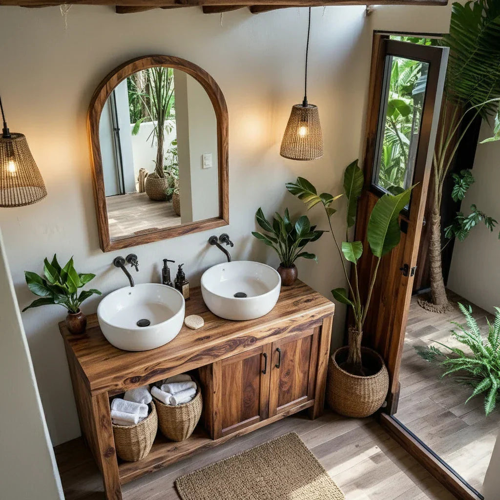 Natural Wood Double Vanity for Island Retreat Bathrooms