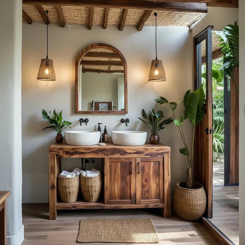 Natural Wood Double Vanity for Island Retreat Bathrooms