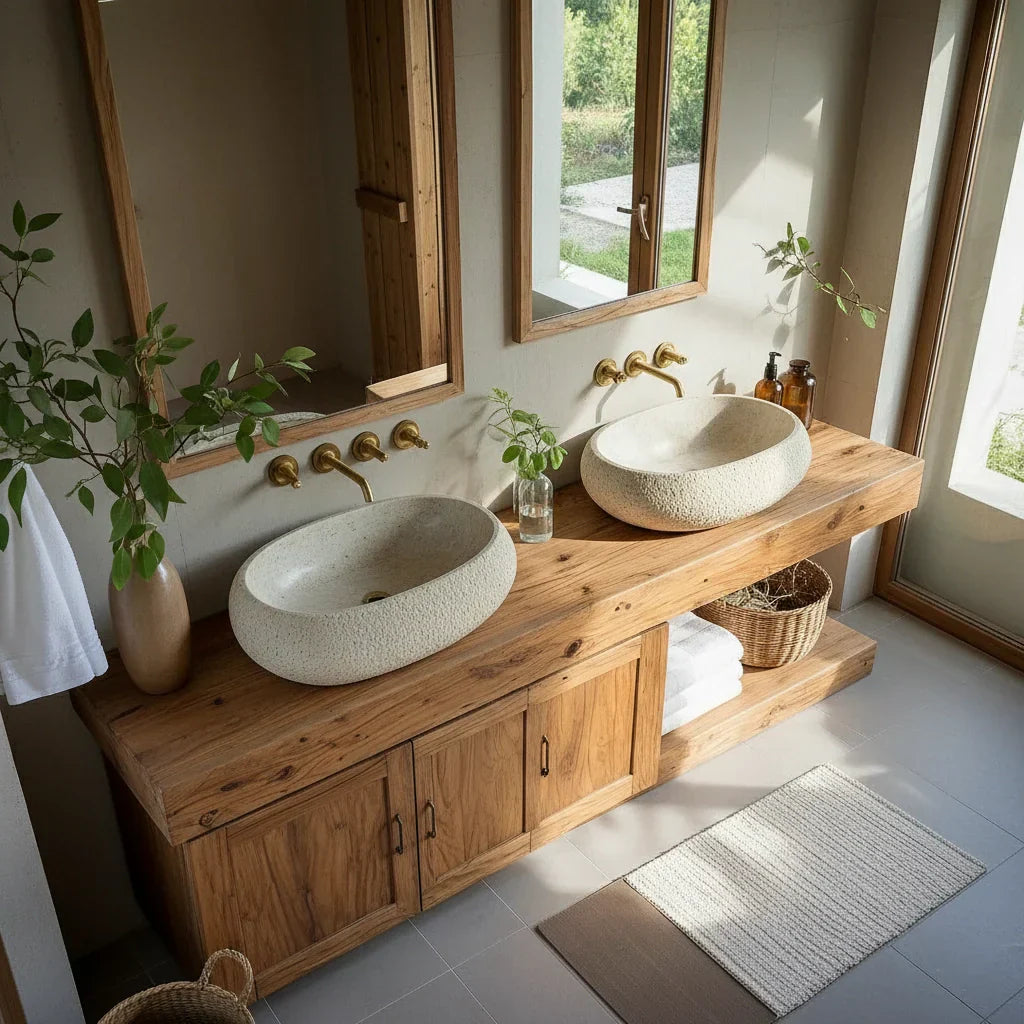 Double Solid Wood Bathroom Vanity with Cabinet and Open Shelf