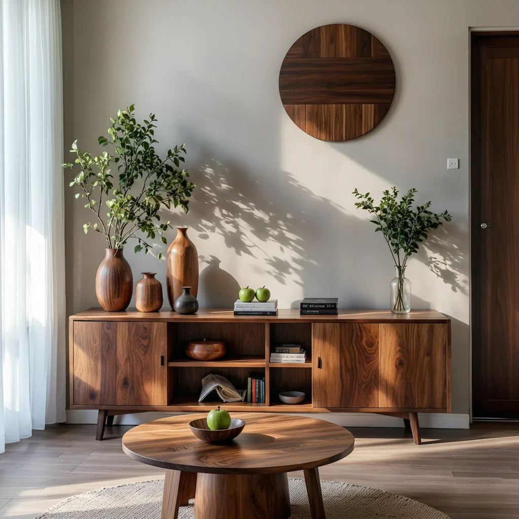 Solid Wood Sideboard Cabinet with Open Shelving for Organic Modern Homes