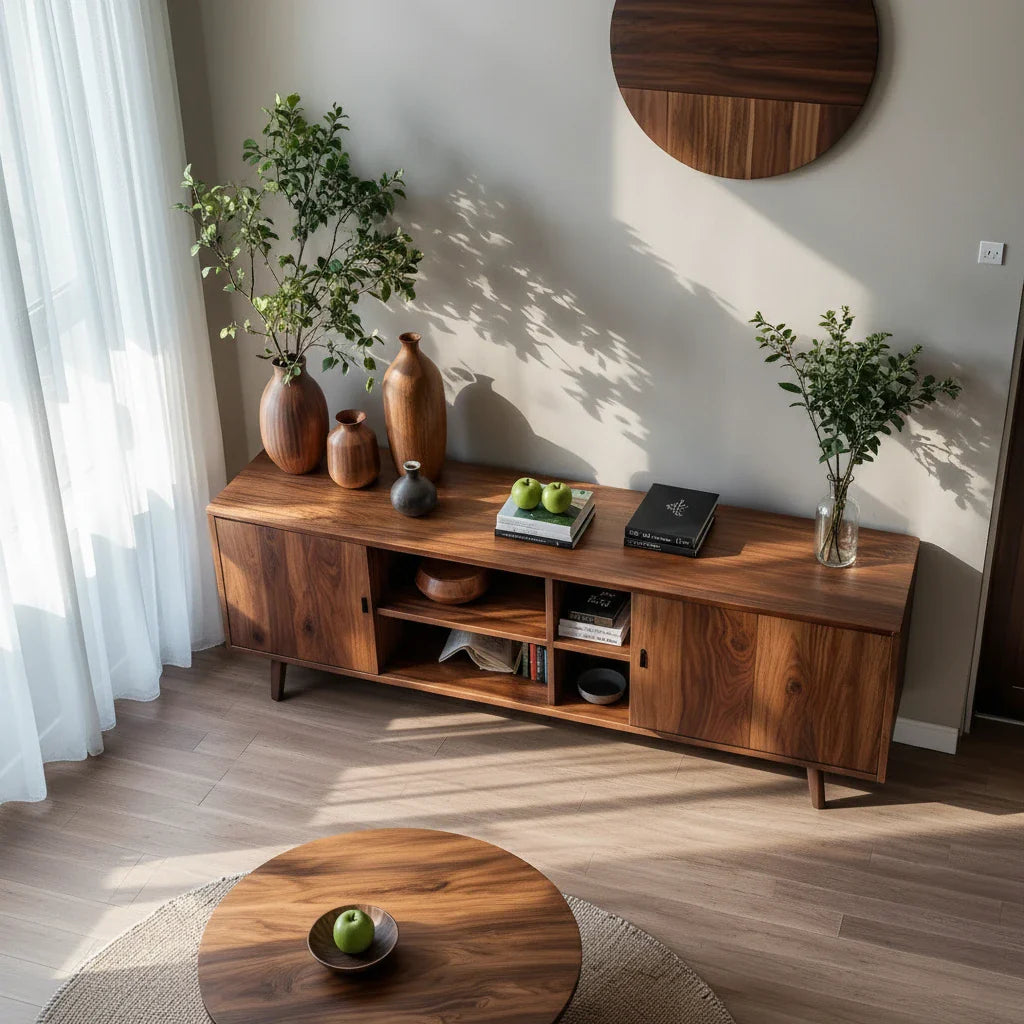 Solid Wood Sideboard Cabinet with Open Shelving for Organic Modern Homes