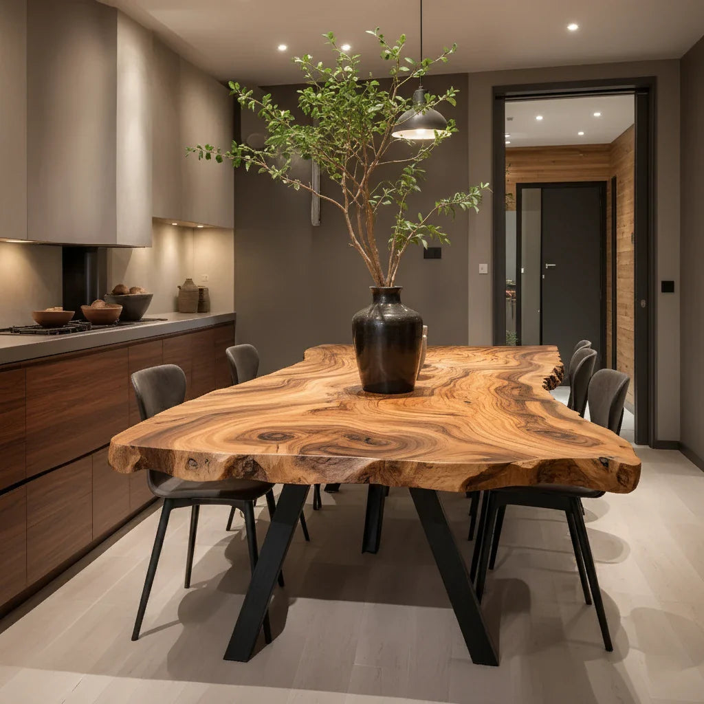 Live Edge Solid Wood Dining Table with Sculptural X Base for Modern Homes