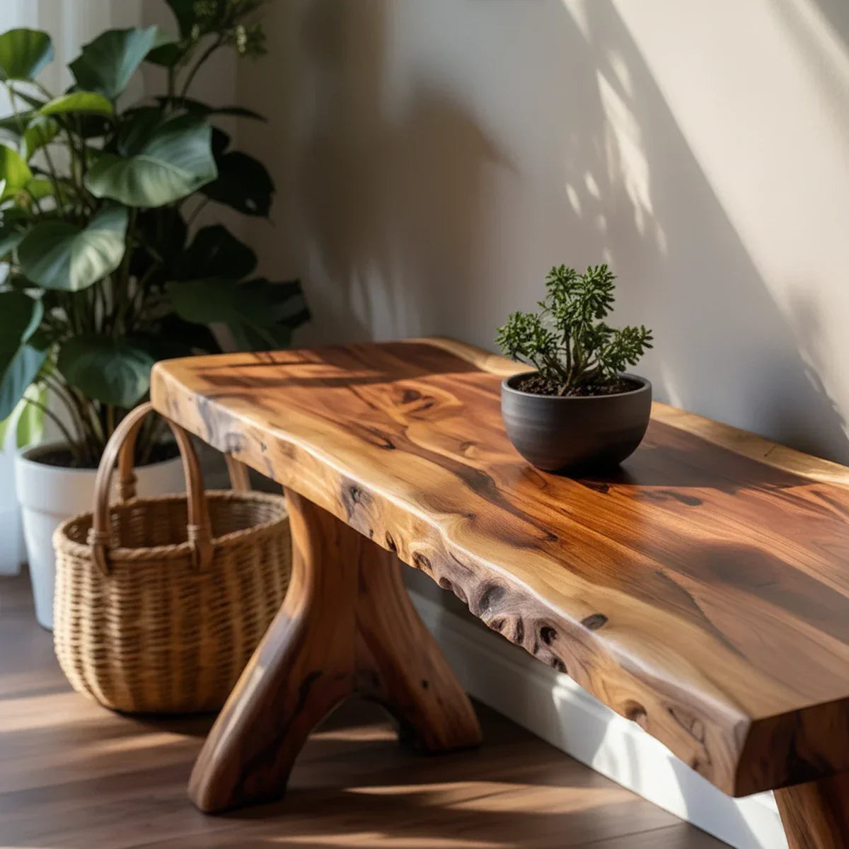 Live Edge Solid Wood Bench with Sculpted Legs for Modern Entryway