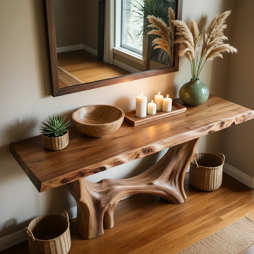 Modern Organic Live Edge Console Table with Sculpted Solid Wood Base