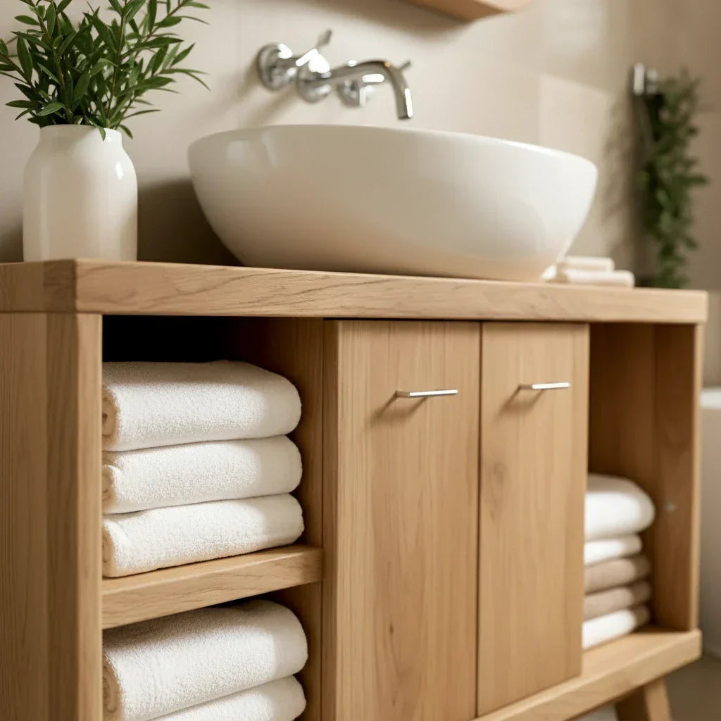 Solid-Wood Bathroom Vanity with Open Towel Storage