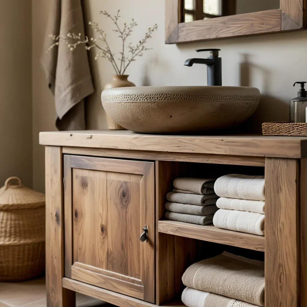 Solid Wood Bathroom Vanity and Open Towel Storage