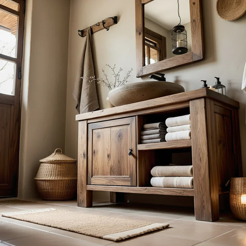 Solid Wood Bathroom Vanity and Open Towel Storage
