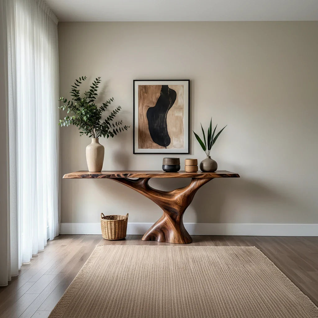 Sculptural Solid Wood Console Table with Organic Pedestal Base