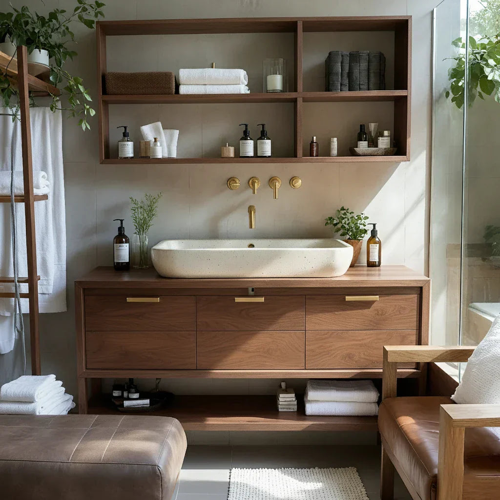 Solid Wood Bathroom Vanity with Drawers and Open Shelf for Spa Style