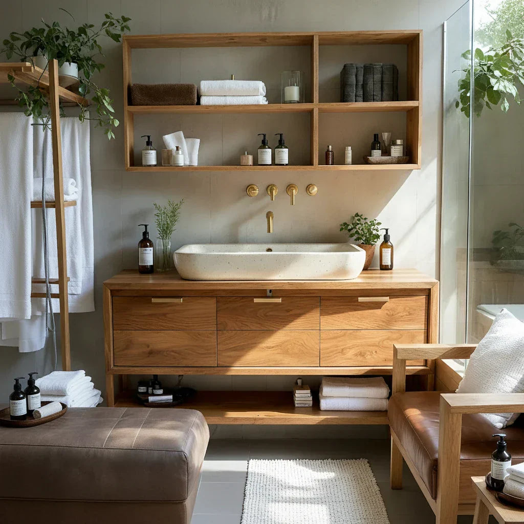 Solid Wood Bathroom Vanity with Drawers and Open Shelf for Spa Style