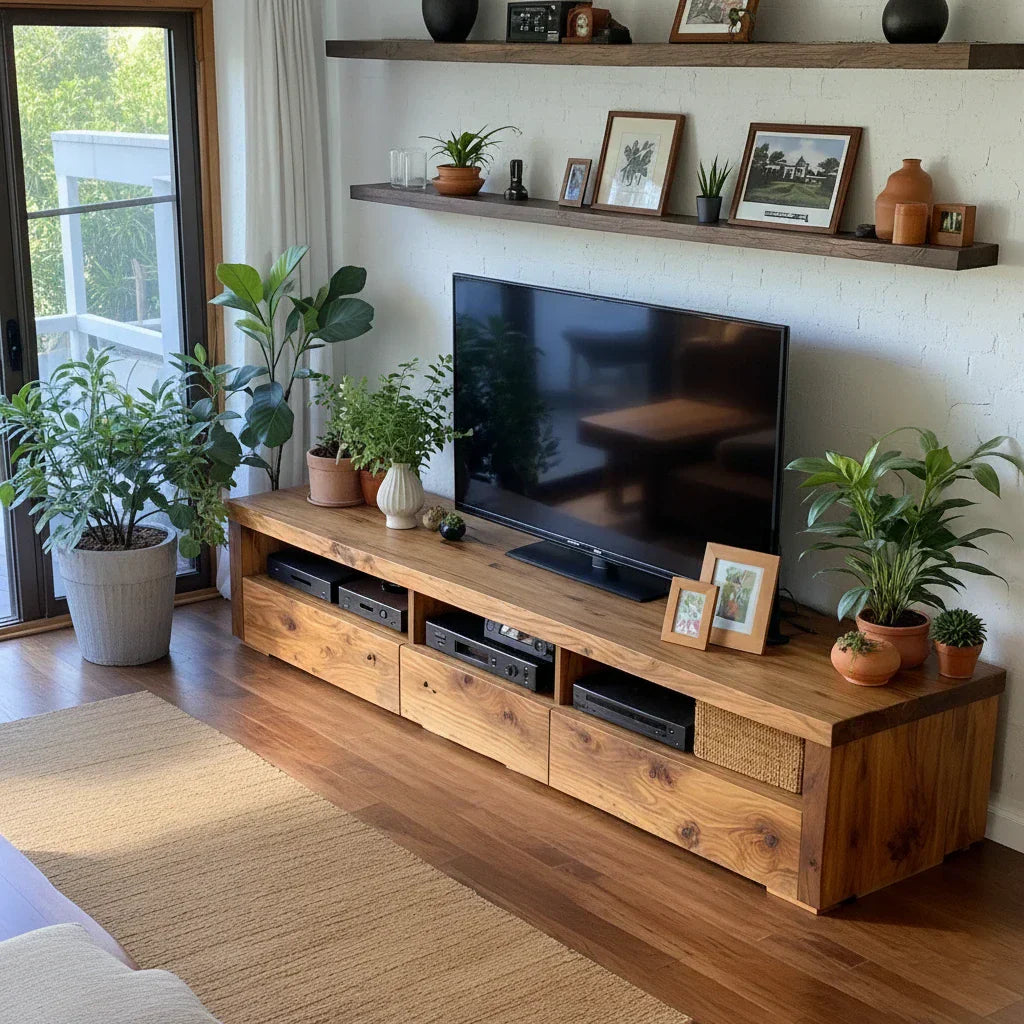 Wood Media Console with Bold-Grain Drawers and Open Media Bays