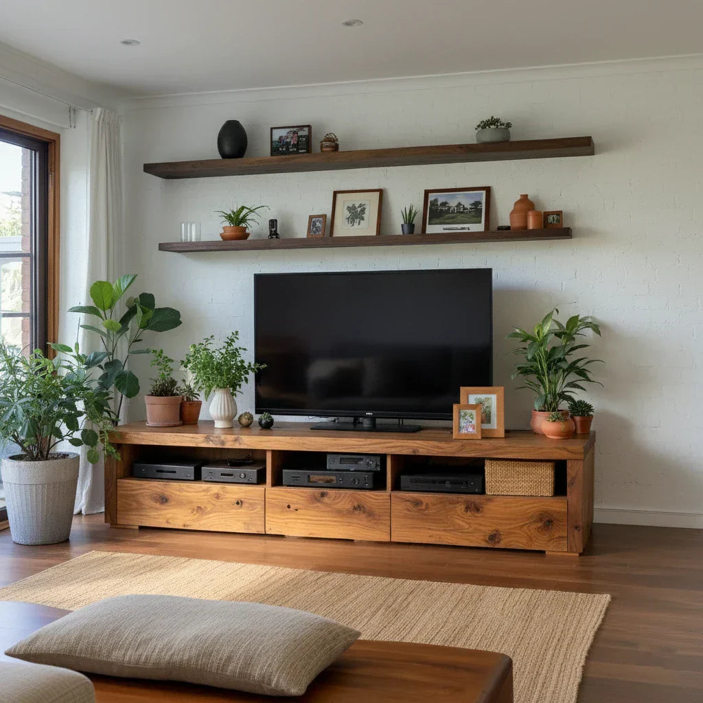 Wood Media Console with Bold-Grain Drawers and Open Media Bays