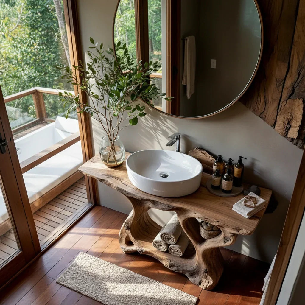 Live Edge Wood Bathroom Vanity with Root-Style Base