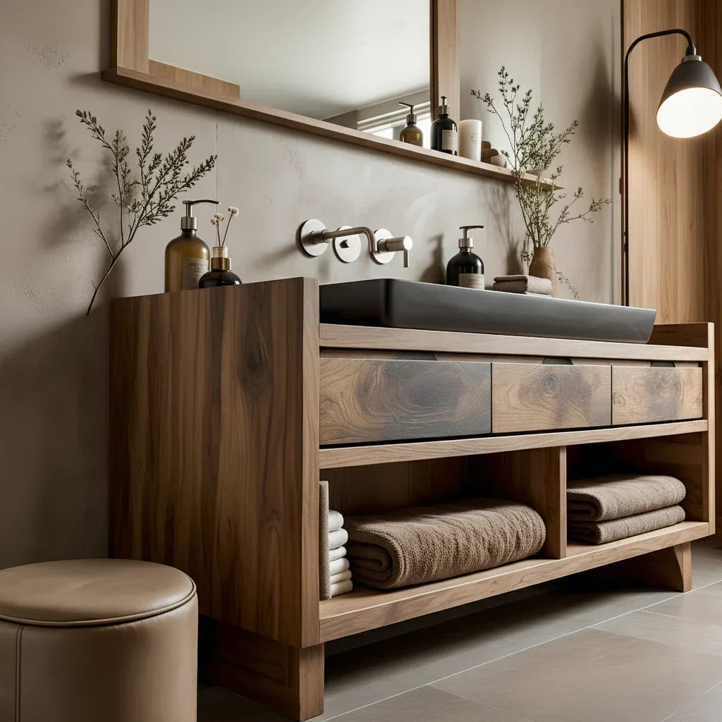 Solid Wood Bathroom Vanity with Three Drawers and Open Shelves