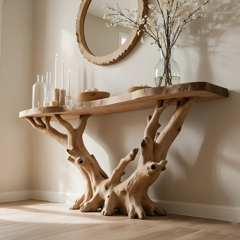 Natural Solid Wood Branch Console Table for Organic Entryway