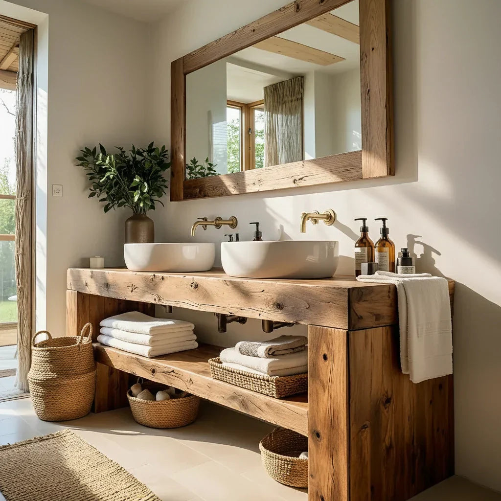 Double Solid Wood Bathroom Vanity with Open Shelf for Modern Home