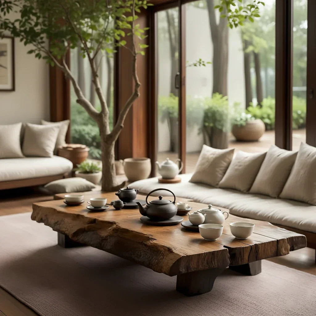 Live-Edge Solid-Wood Tea Table for Indoor–Outdoor Lounges