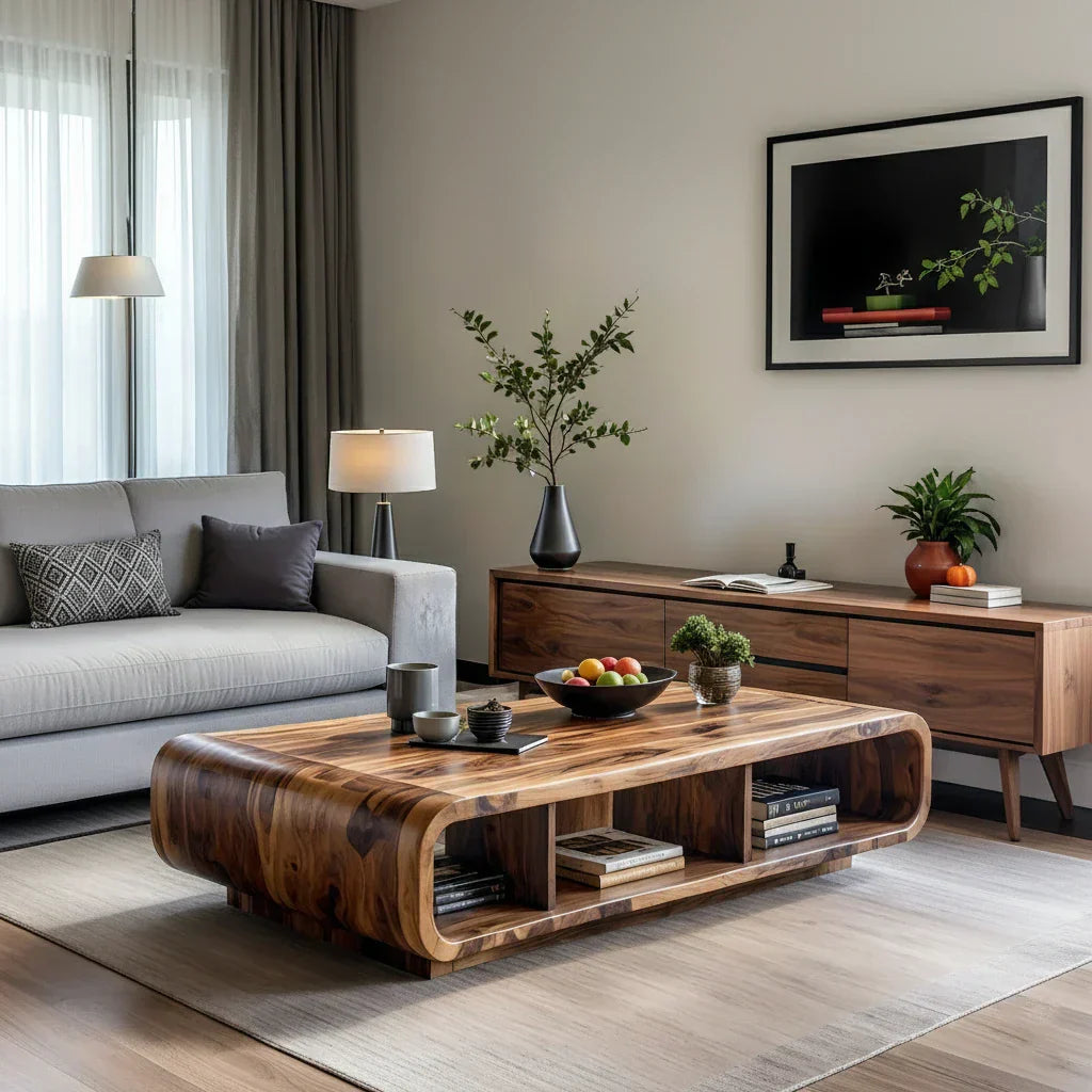 Solid Wood Coffee Table with Curved Storage for Modern Living Rooms