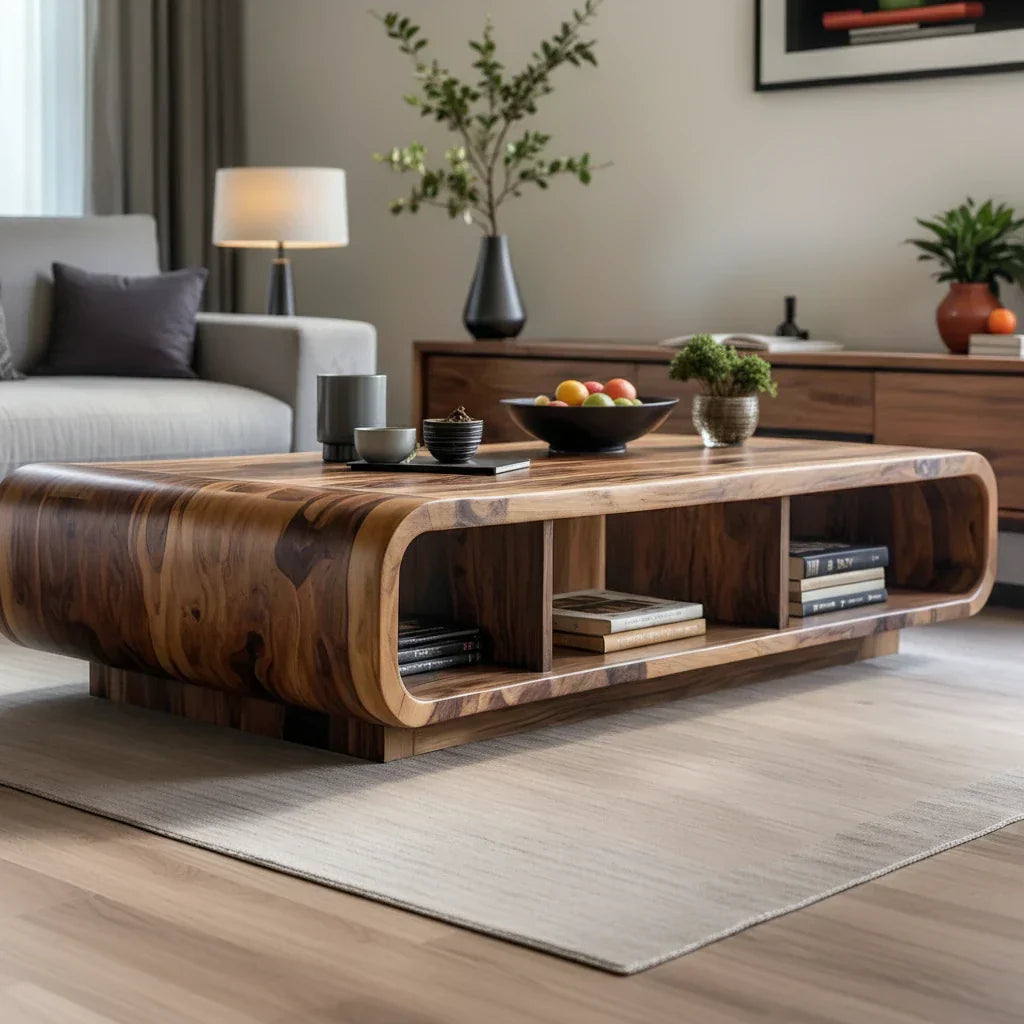 Solid Wood Coffee Table with Curved Storage for Modern Living Rooms