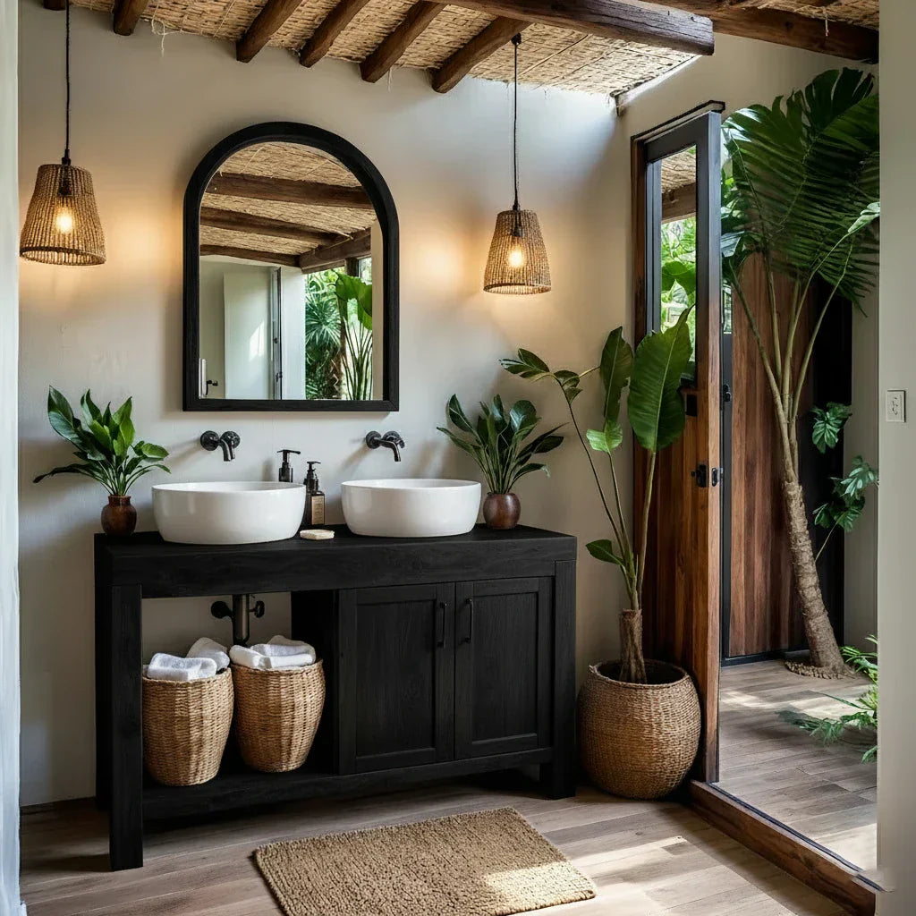 Natural Wood Double Vanity for Island Retreat Bathrooms