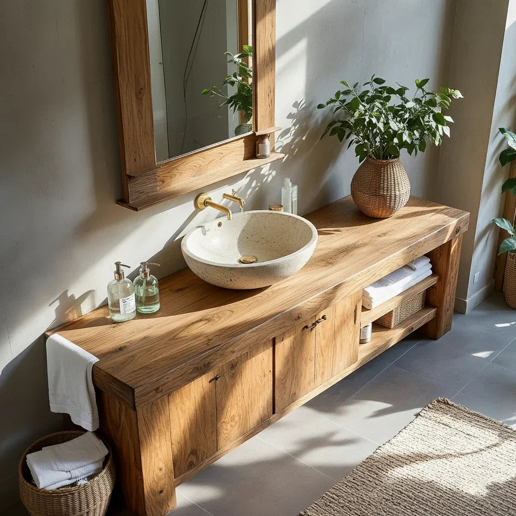 Wood Bathroom Vanity with Open Shelf Storage