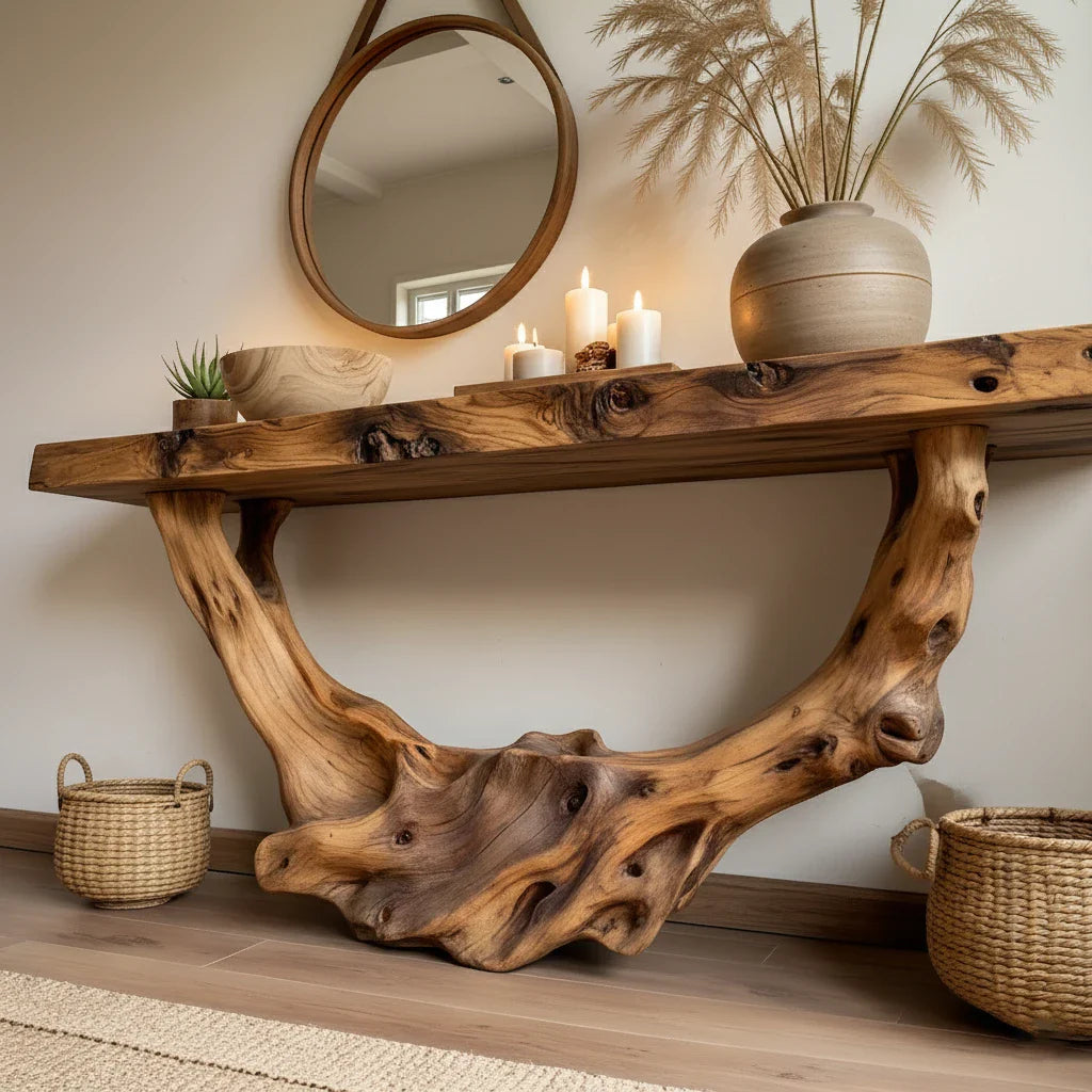 Handcrafted Live Edge Wood Console Table with Sculptural Root Base