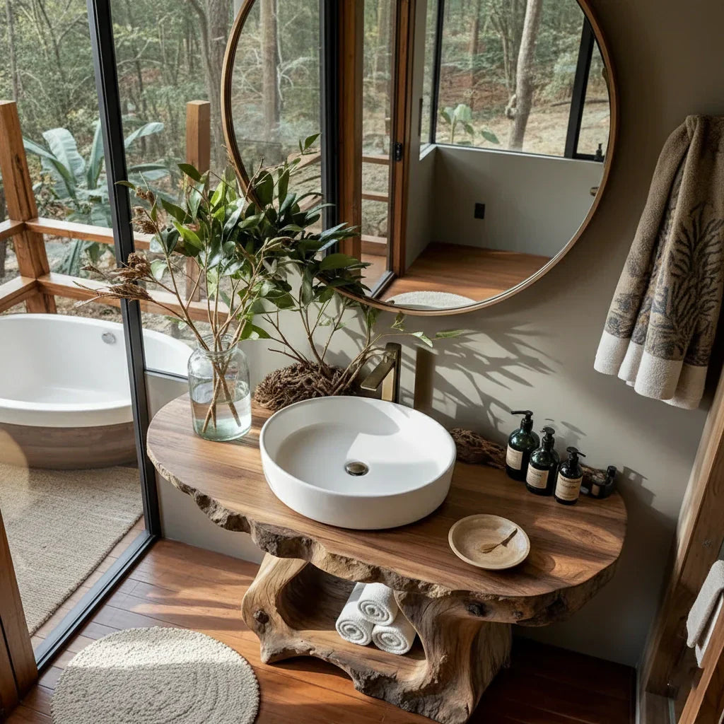 Rustic Live Edge Wood Bathroom Vanity with Open Shelf