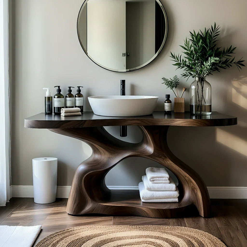 Sculptural Solid Wood Bathroom Vanity