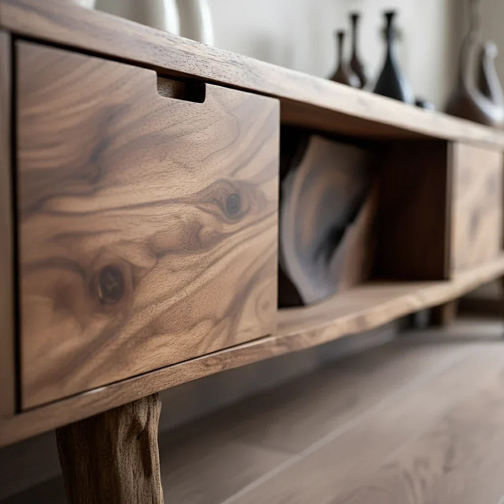 Organic Modern Low Media Console with Open Storage Compartments