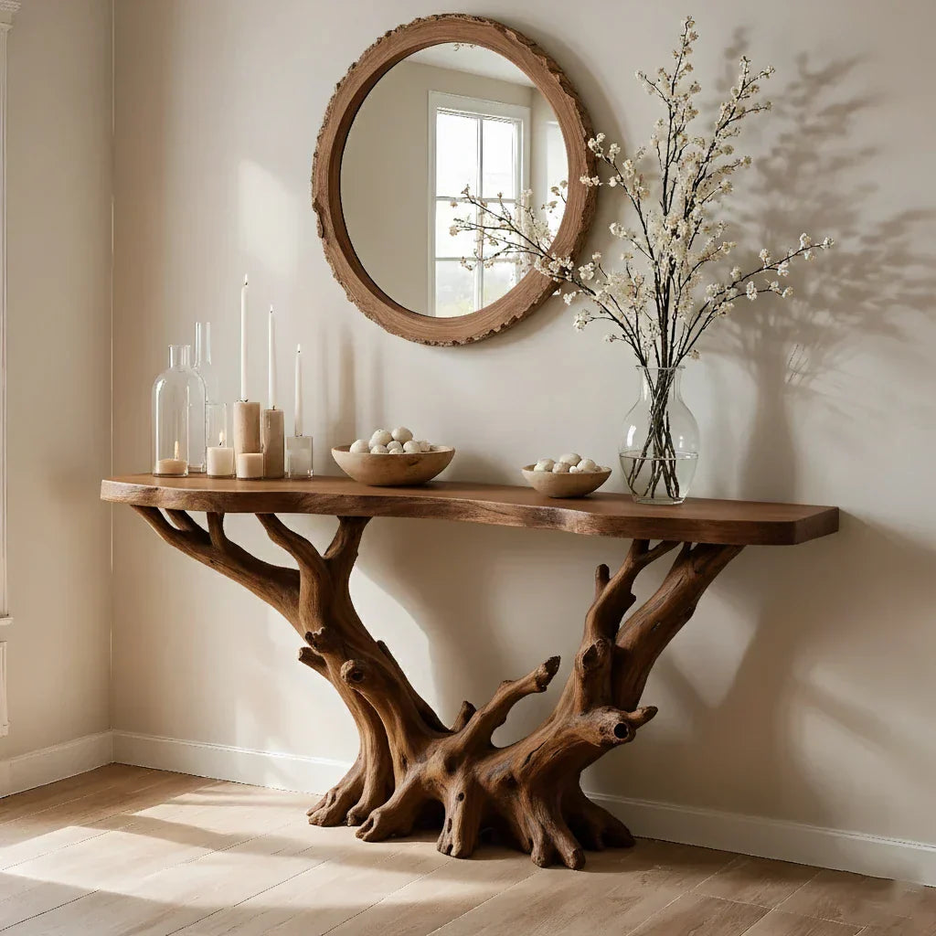 Natural Solid Wood Branch Console Table for Organic Entryway