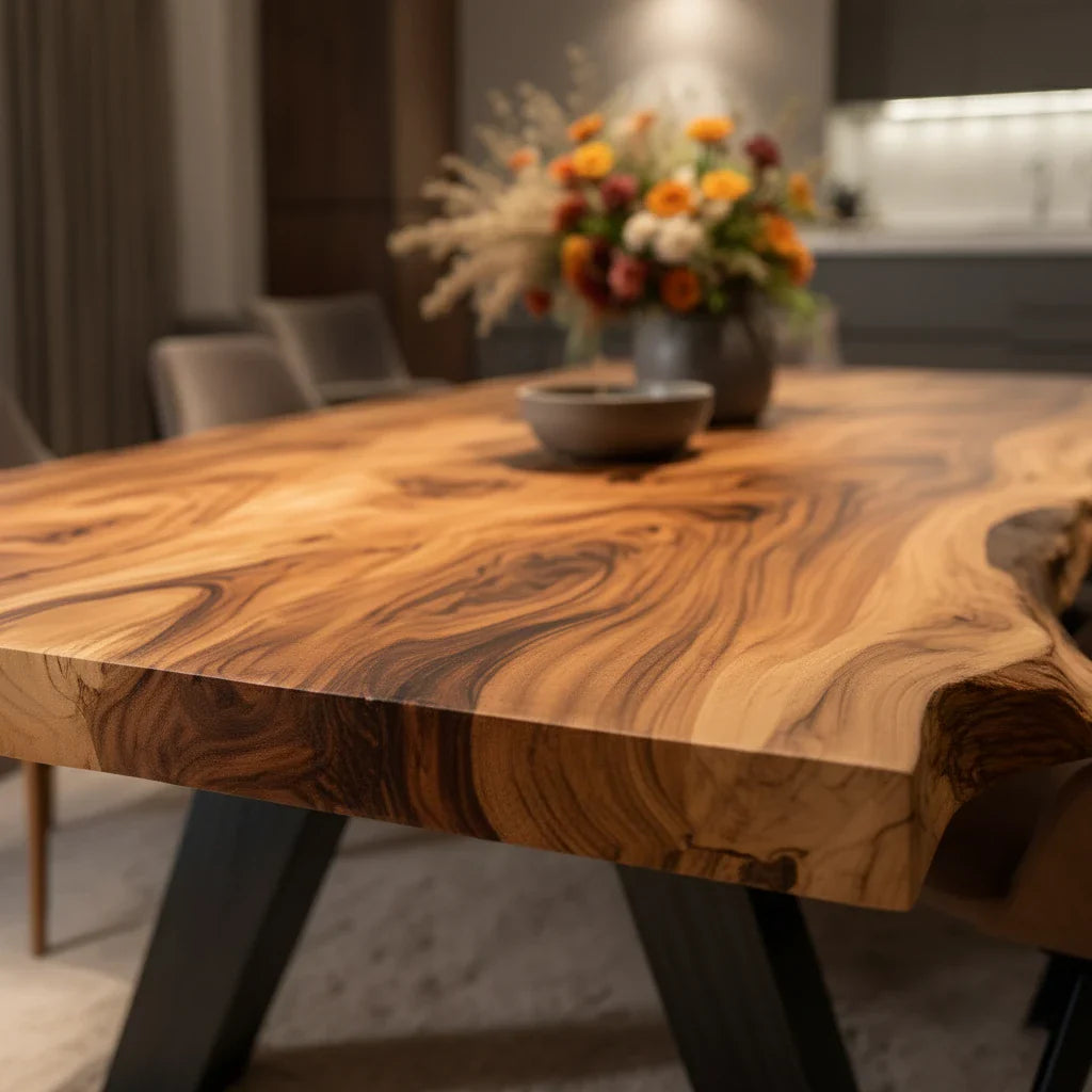 Live Edge Solid Wood Dining Table with Angled Base for Modern Interiors