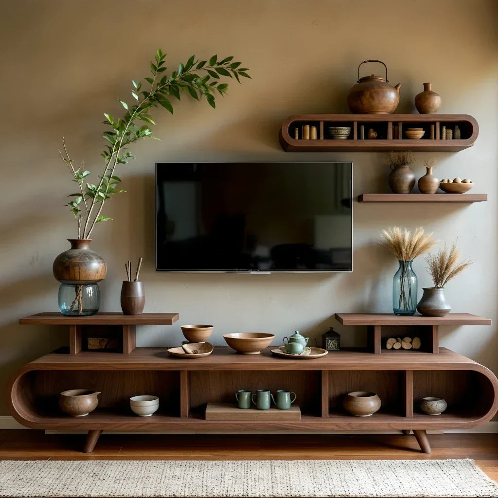 Curved-Edge Low Media Console with Open Display Compartments