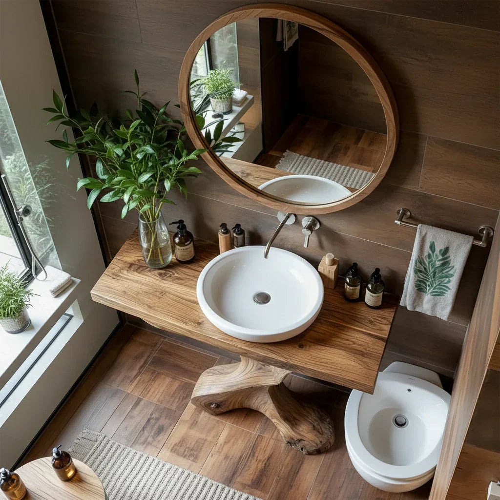 Live Edge Wood Vanity with Twisted Pedestal Base