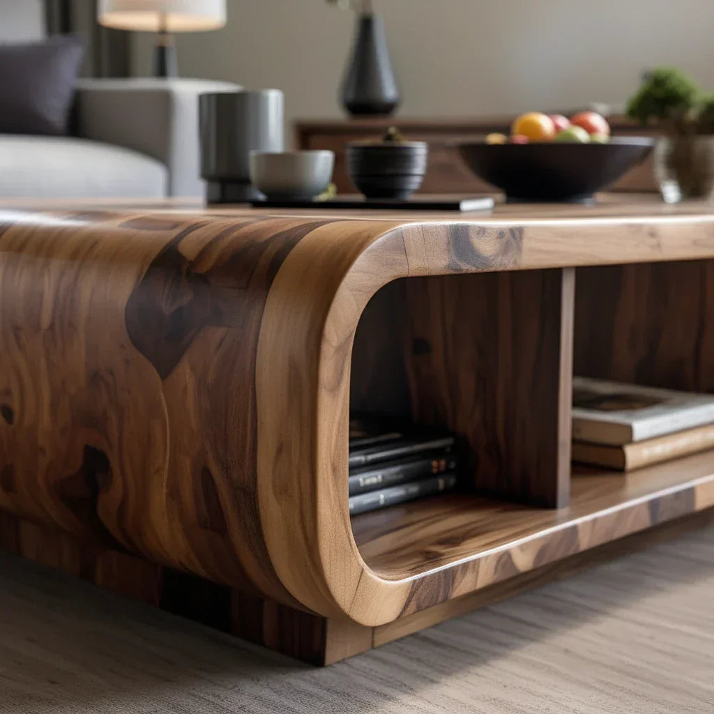 Solid Wood Coffee Table with Curved Storage for Modern Living Rooms