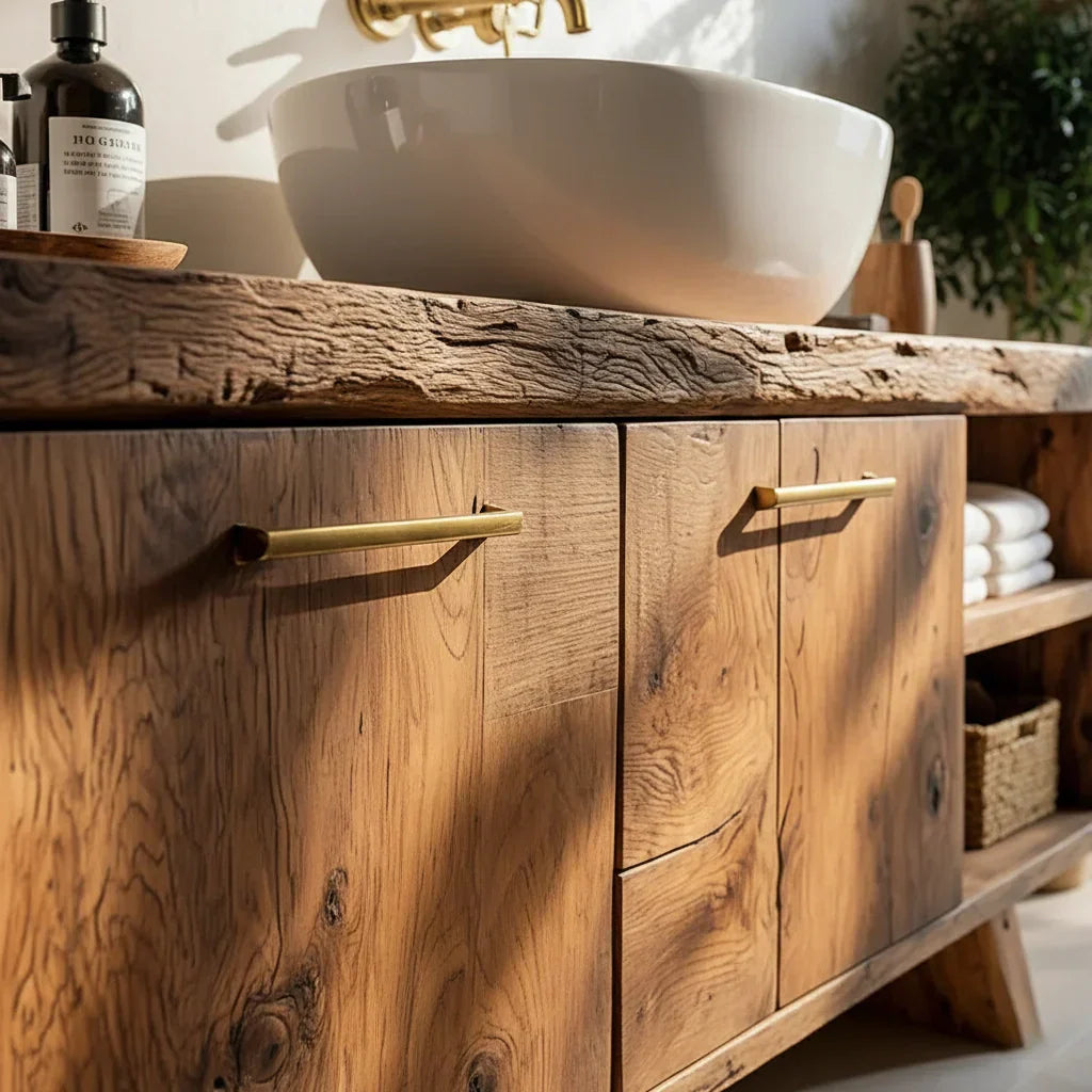 Wood Bathroom Vanity with Cabinet Doors and Open Shelf Storage