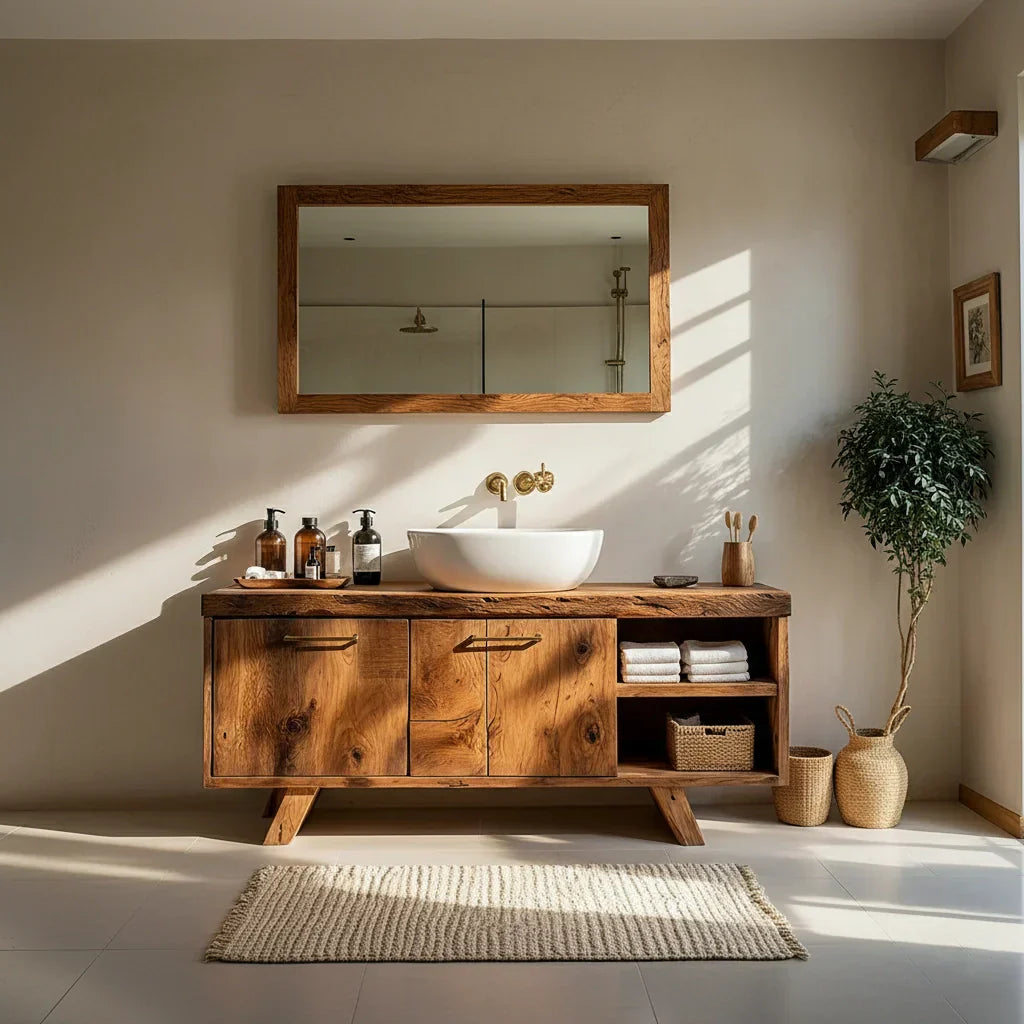 Wood Bathroom Vanity with Cabinet Doors and Open Shelf Storage