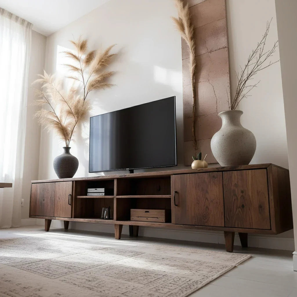 Mid-Century Media Console with Enclosed Storage & Open Shelves