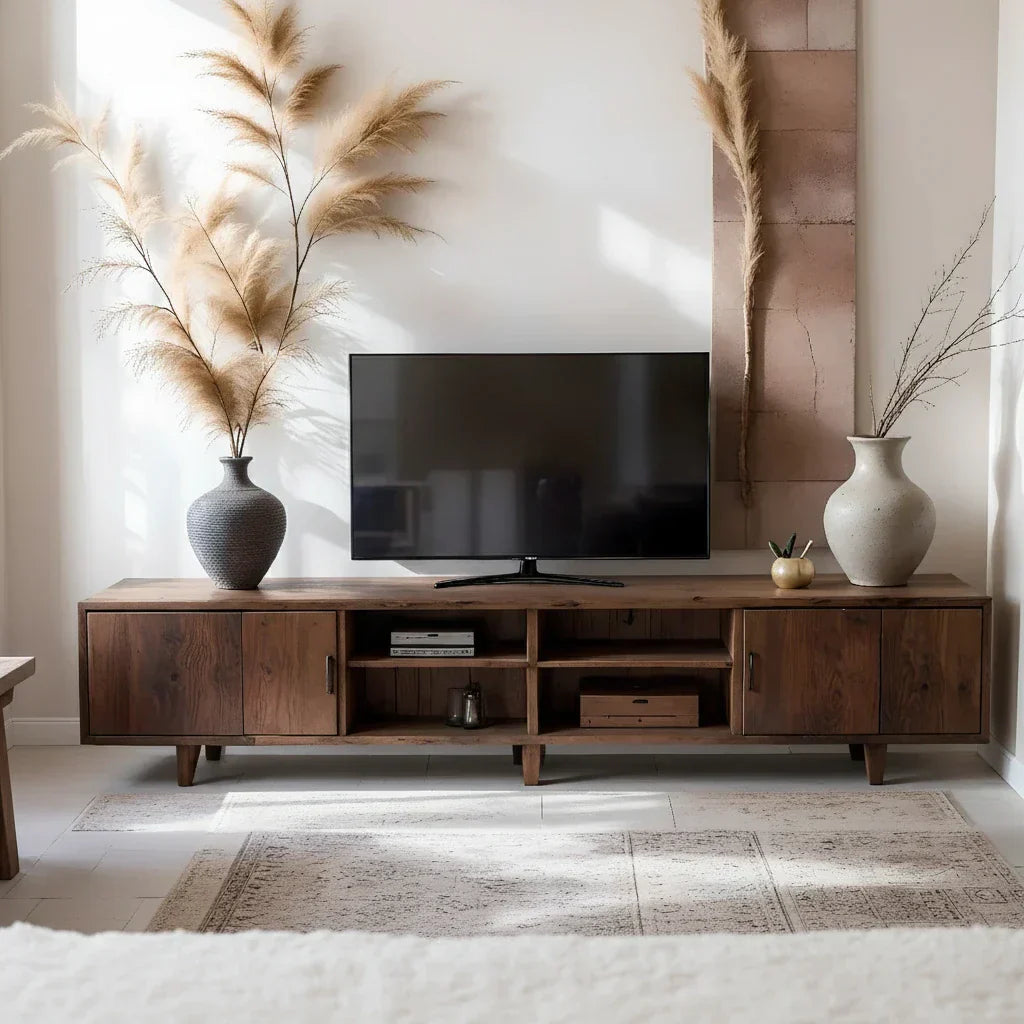 Mid-Century Media Console with Enclosed Storage & Open Shelves