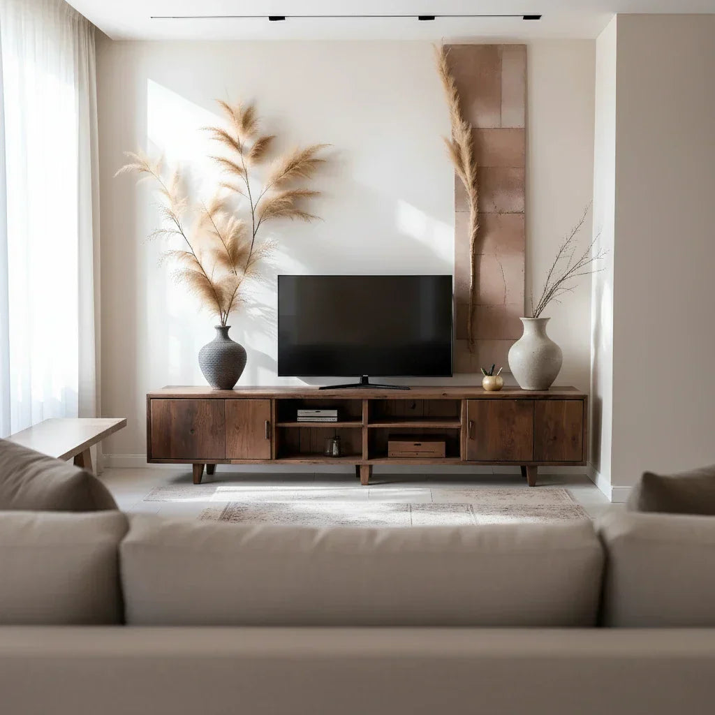 Mid-Century Media Console with Enclosed Storage & Open Shelves