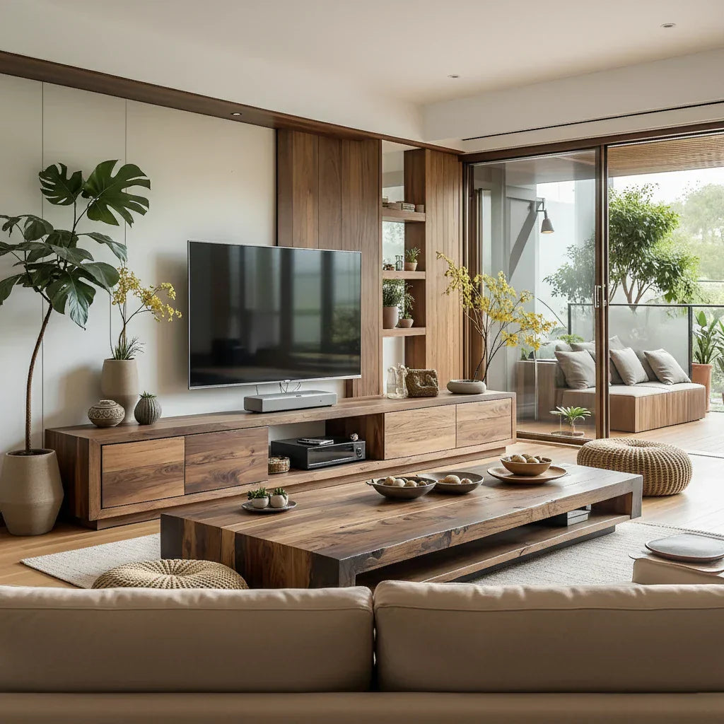 Modern Wood TV Console with Drawers & Open Media Bay