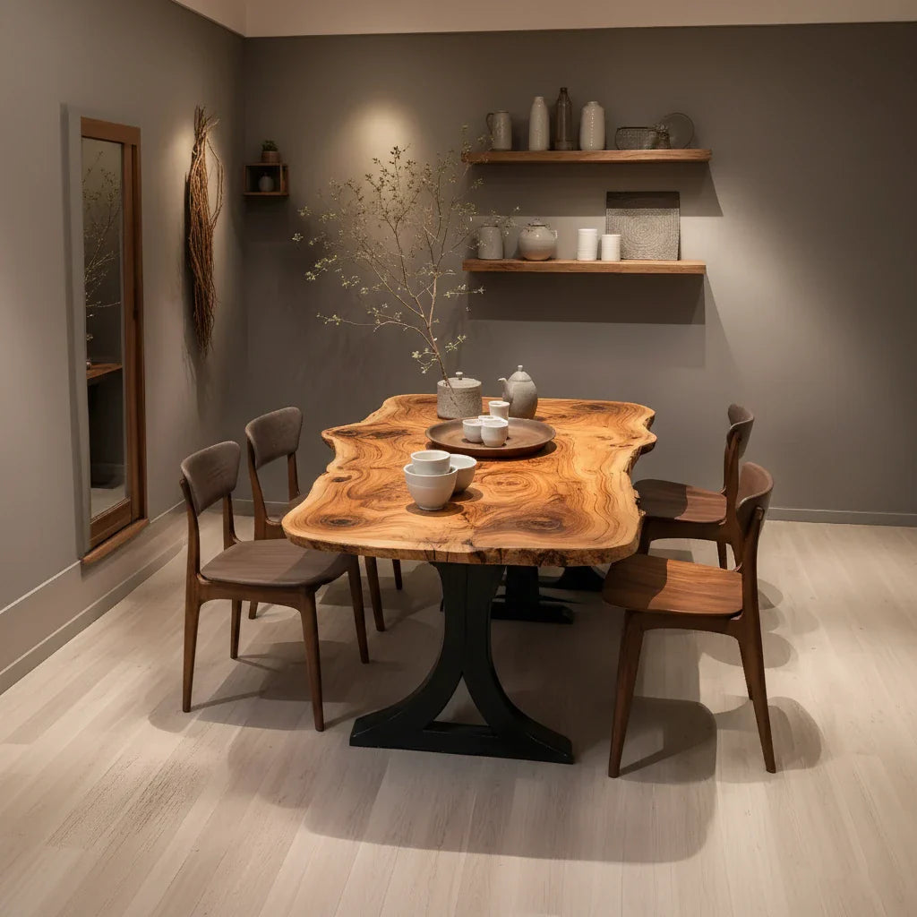 Live Edge Solid Wood Dining Table with Organic Grain for Modern Dining