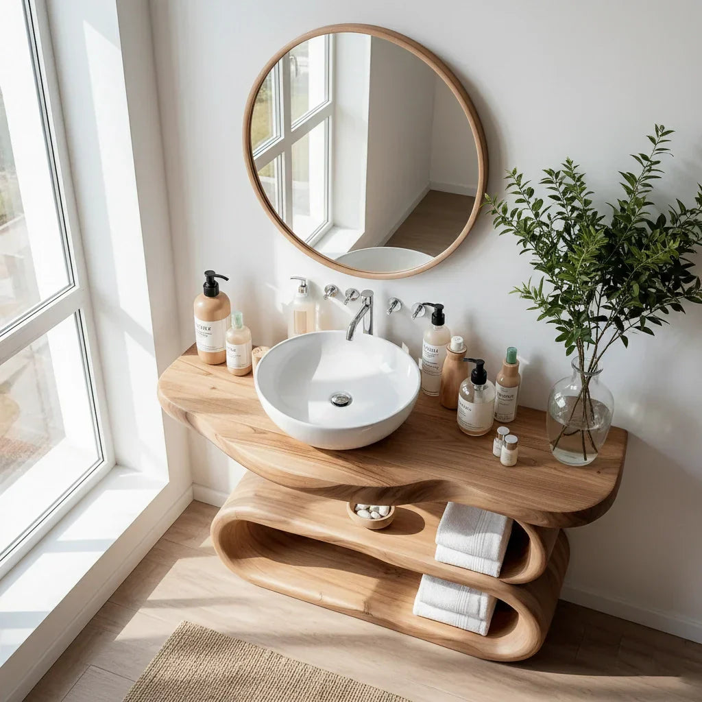 Solid Wood Vanity with Loop Open Shelf for Modern Bathrooms