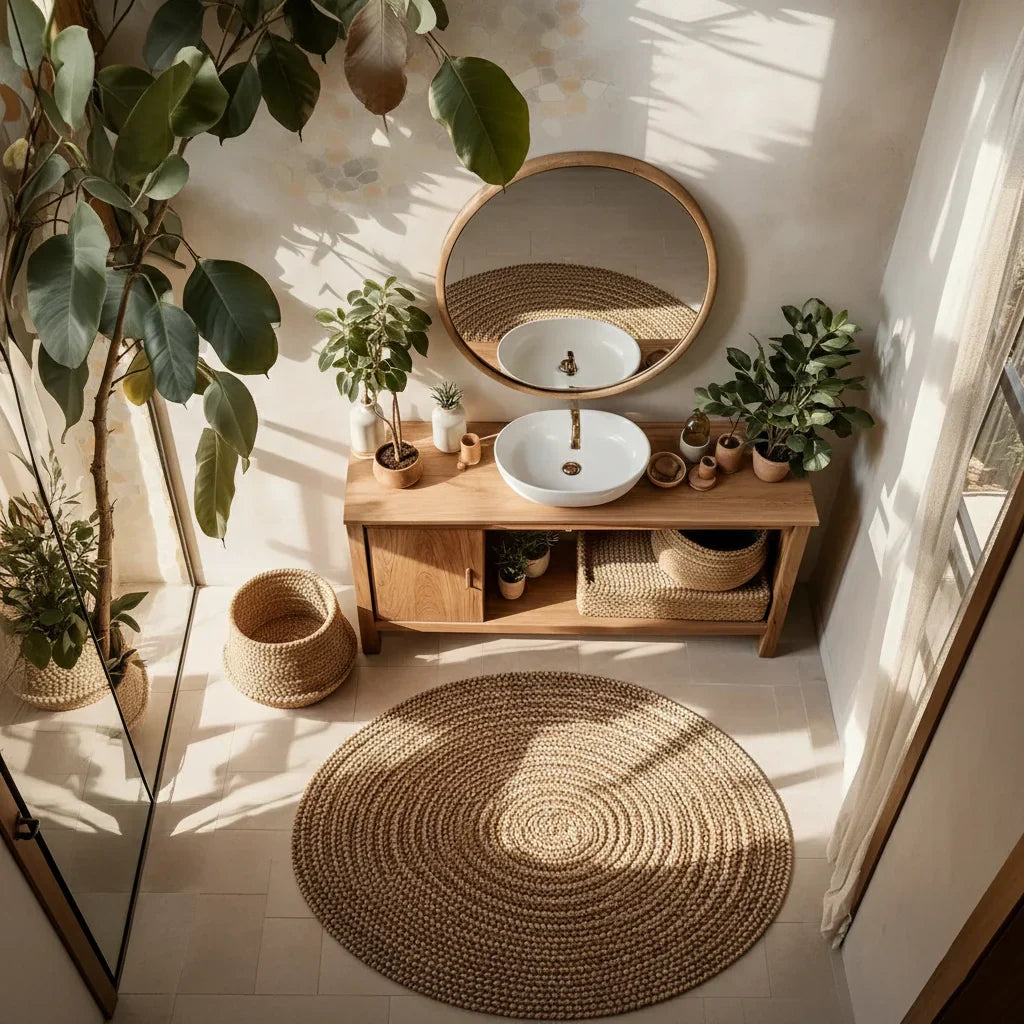 Minimal Solid Wood Bathroom Vanity with Sliding Door and Open Shelf
