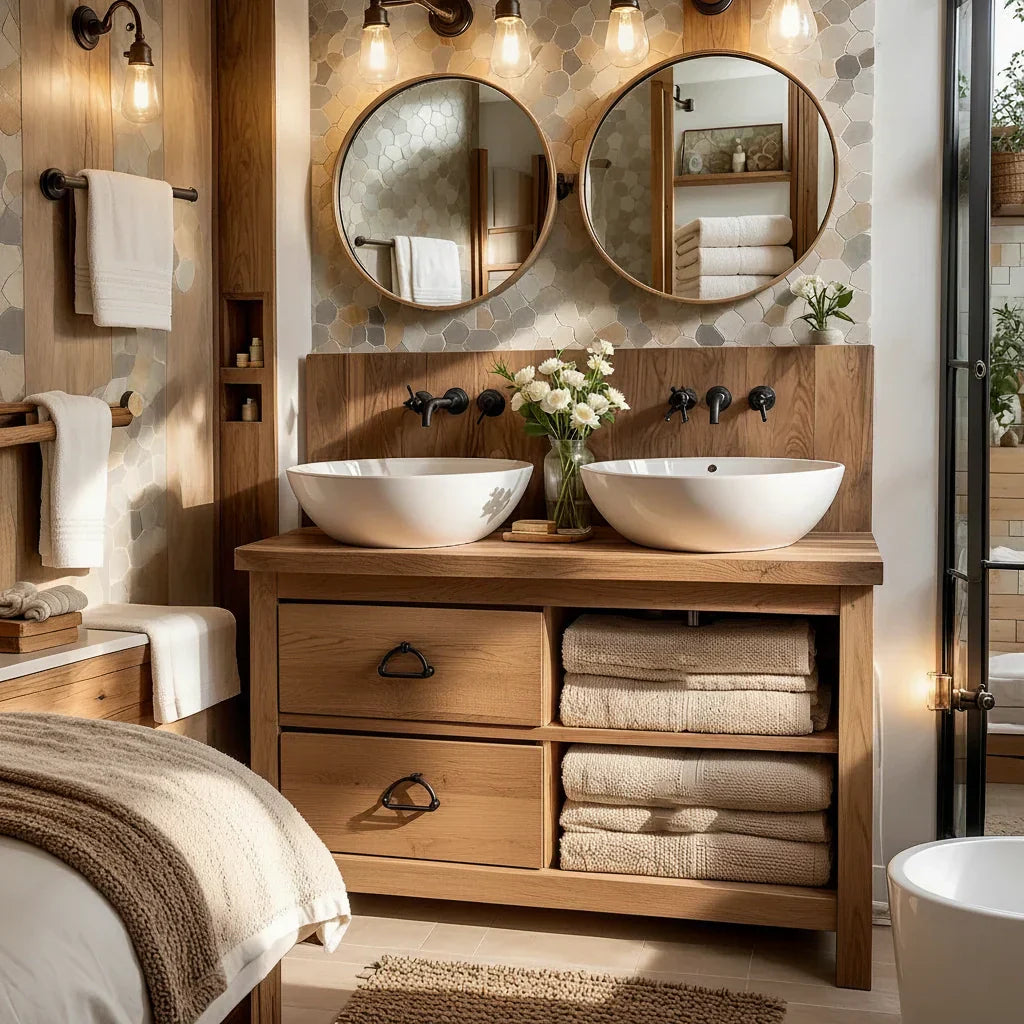 Double Solid Wood Bathroom Vanity with Drawers and Open Towel Shelf
