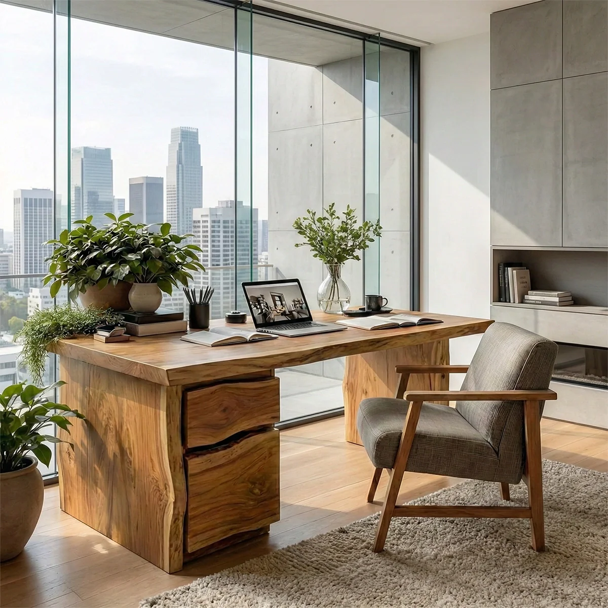 Solid Wood Desk with Drawers Handmade Live Edge Office Desk Rustic Natural Writing Table with Storage