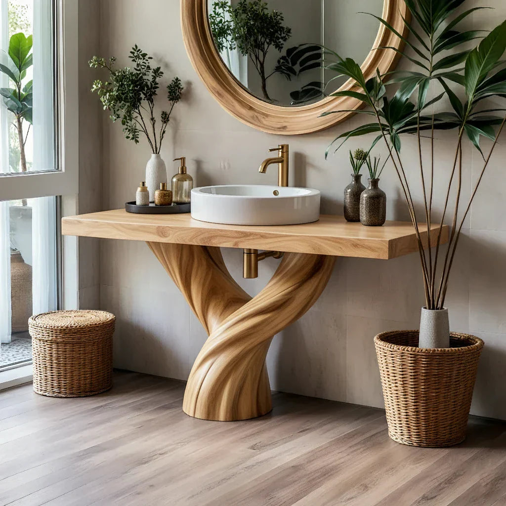 Solid Wood Bathroom Vanity with Sculpted Twisted Pedestal