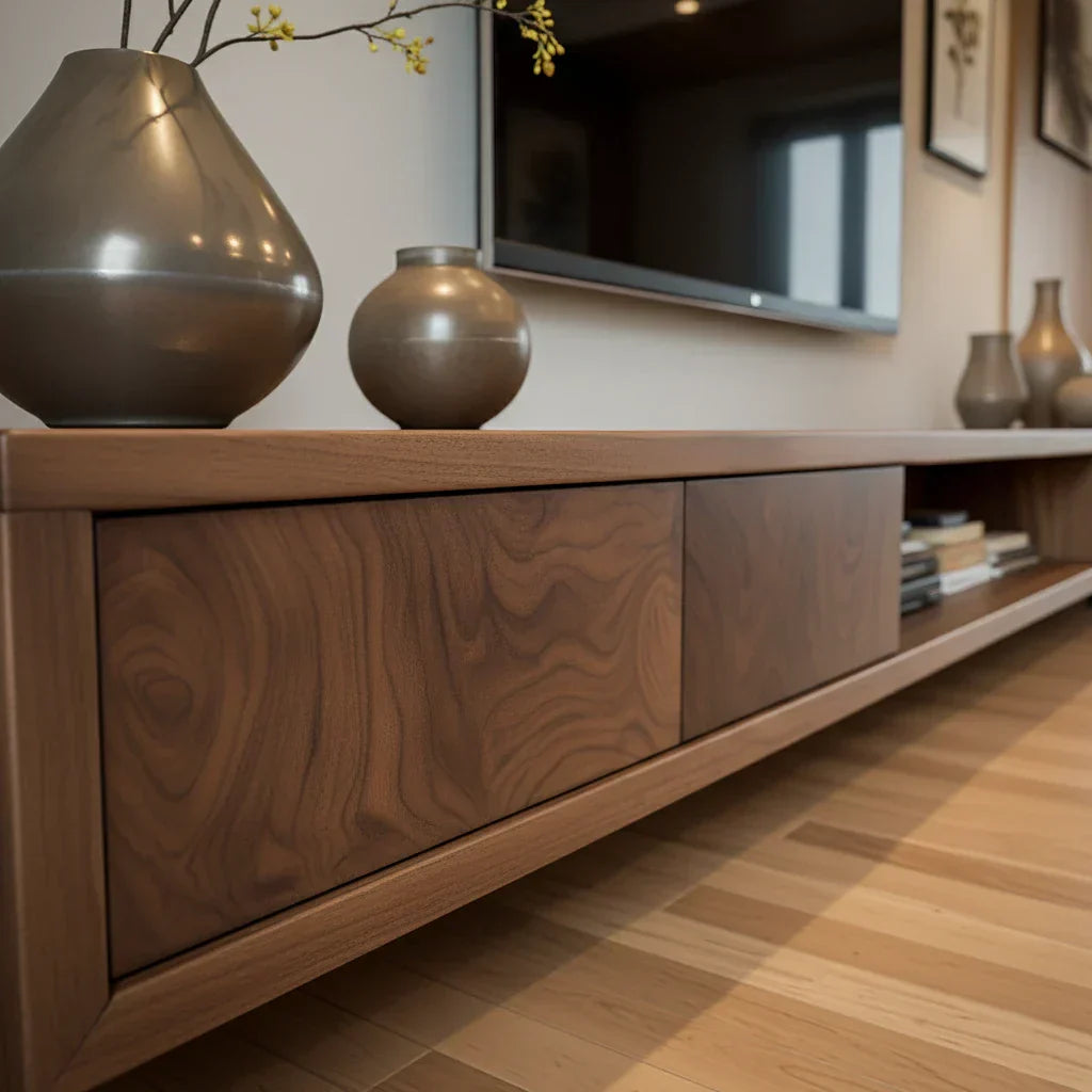 Floating-Style Wood TV Console with Drawers & Open Center Shelf