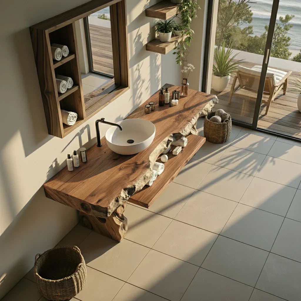 Live Edge Solid Wood Bathroom Vanity with Open Shelf