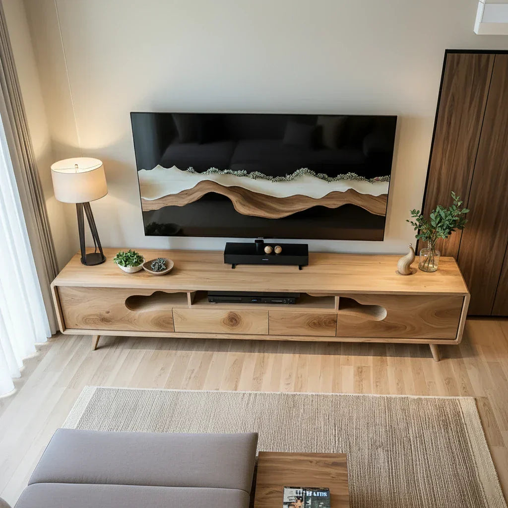 Sculptural Wood TV Console with Organic Cutout Front
