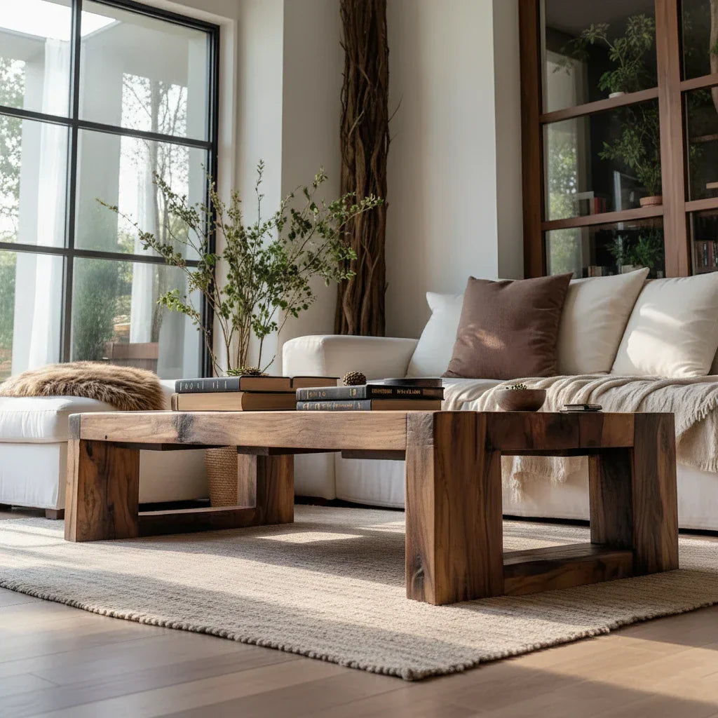 Solid Wood Coffee Table with Open Base for Bright Living Rooms